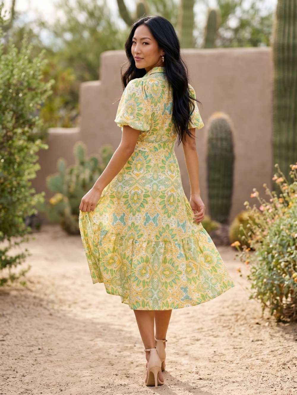 Flying Tomato Green Paisley Medallion Midi Shirt Dress | Tie Waist Puff Sleeve - Picture 4 of 6